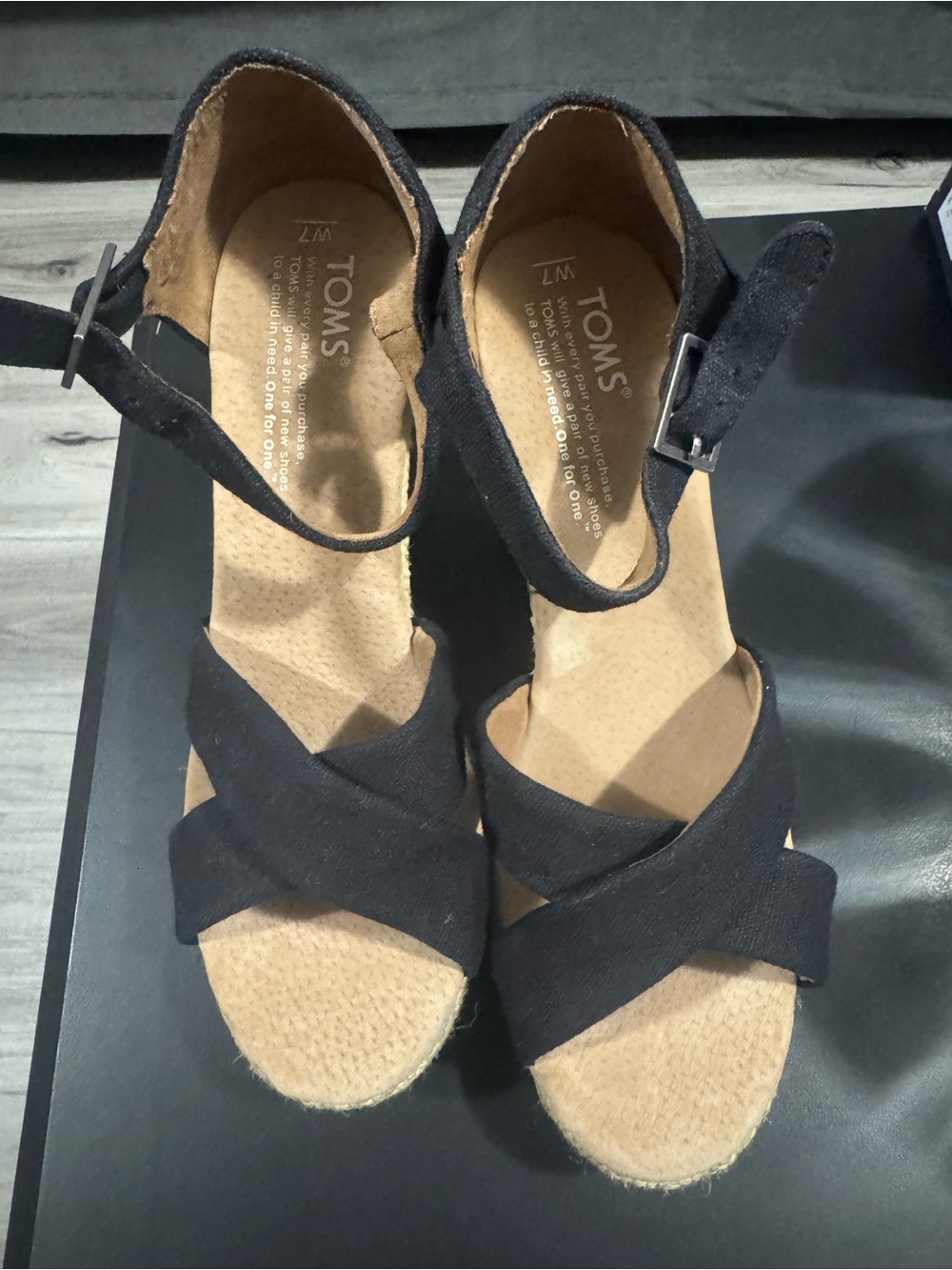 TOMS Black Crisscross Espadrille Wedge Sandals with Ankle Strap Like New